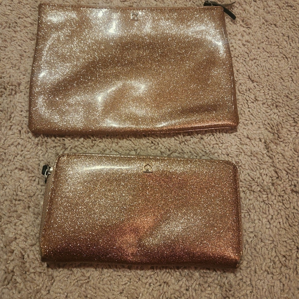 Kate Spade Mavis Street Neda Zip Around Glitter Clutch & Wallet Rose Gold